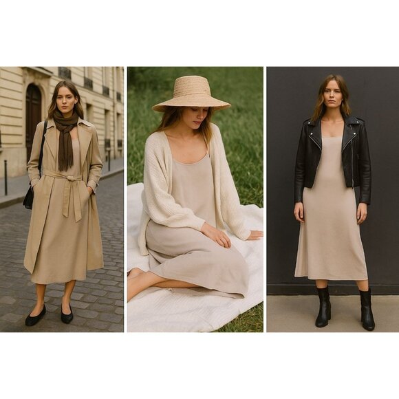 Neutral Virgin Wool Linen S Slip Dress Minimalist Quiet Luxury 90s Cottagecore - Picture 1 of 10